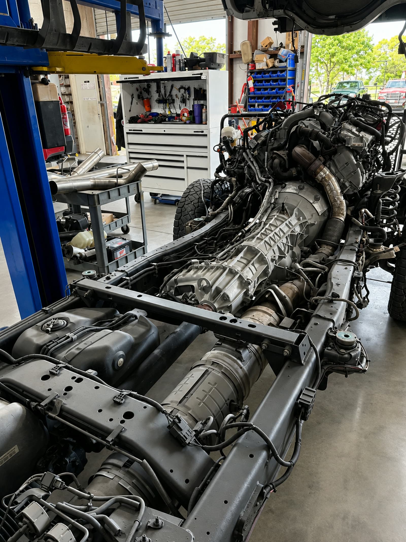 Truck chassis at Quality Mechanics with the engine and transmission exposed during drivetrain work